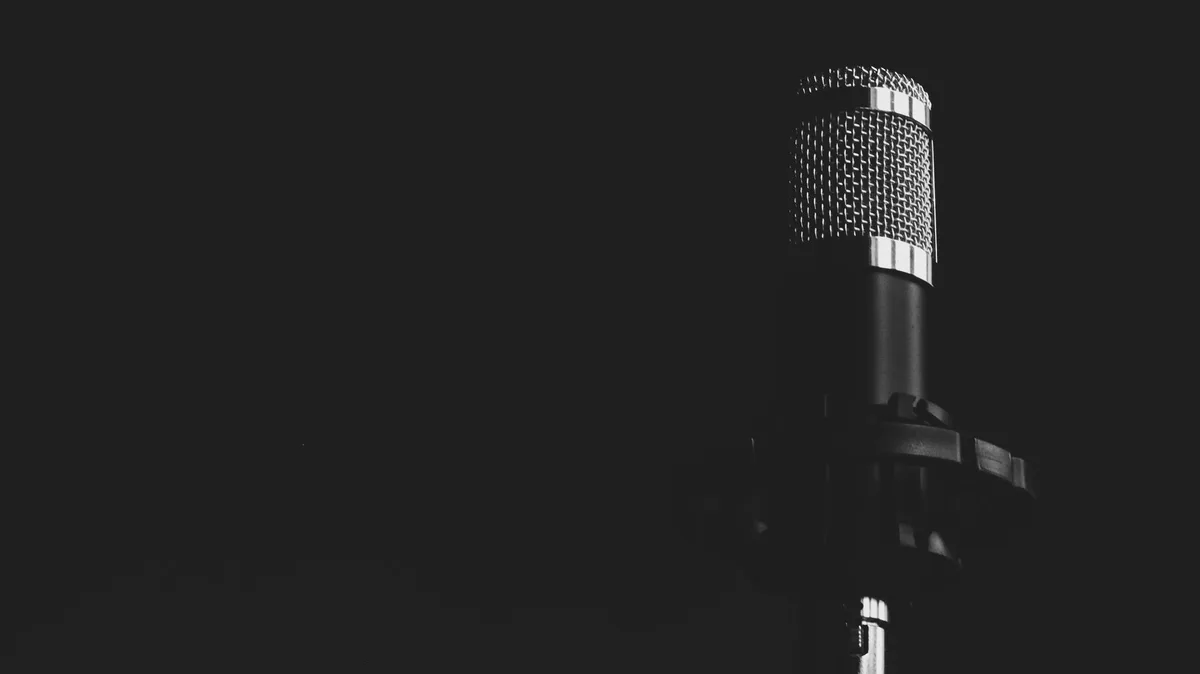 Close-up view of a studio microphone against a dark background, emphasizing audio technology.